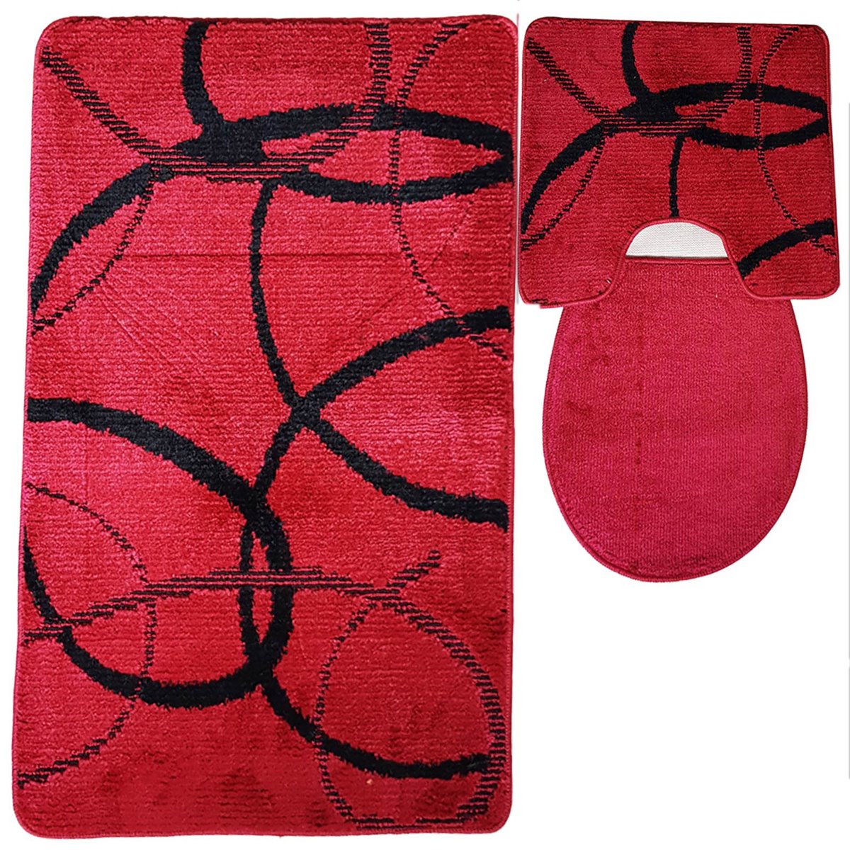 3 tlg Badematte Badezimmerteppich Badteppich Set #15 ROT