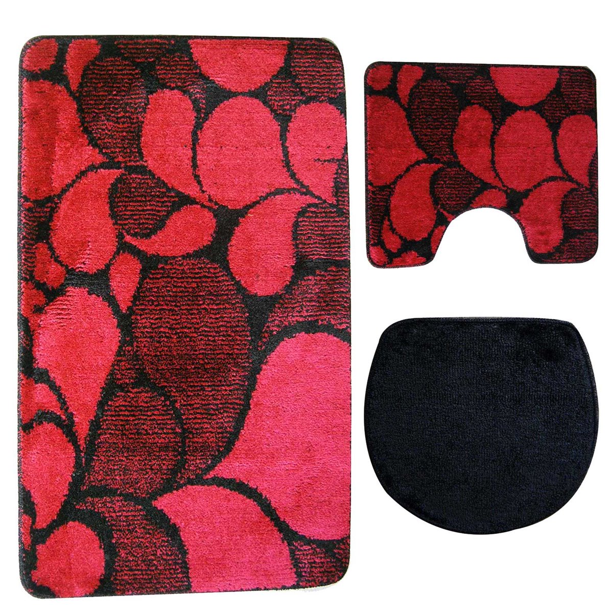 3 tlg Badematte Badezimmerteppich Badteppich Set #79 ROT
