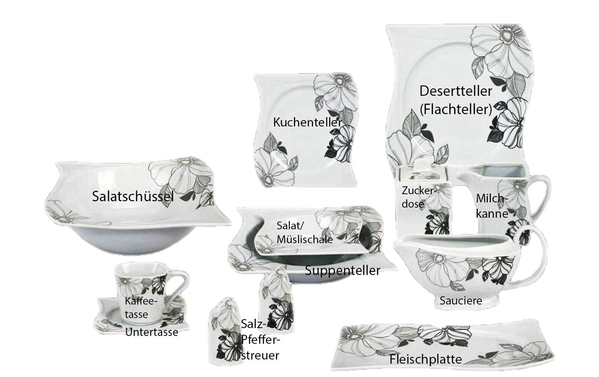 Kombiservice Chardon, blume schwarz, 86tlg, 12 Personen
