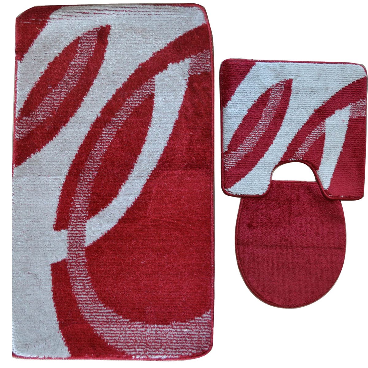 3 tlg Badematte Badezimmerteppich Badteppich Set #04 ROT-GRAU