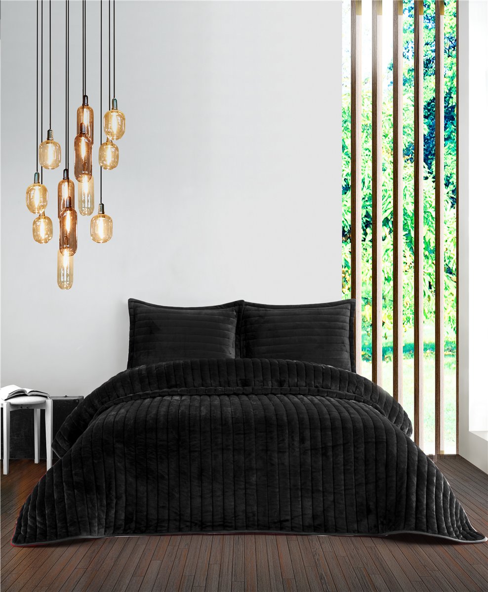 Tagesdecke, Decke, Bettüberwurf, Set, schwarz, 2 Kissenbezüge